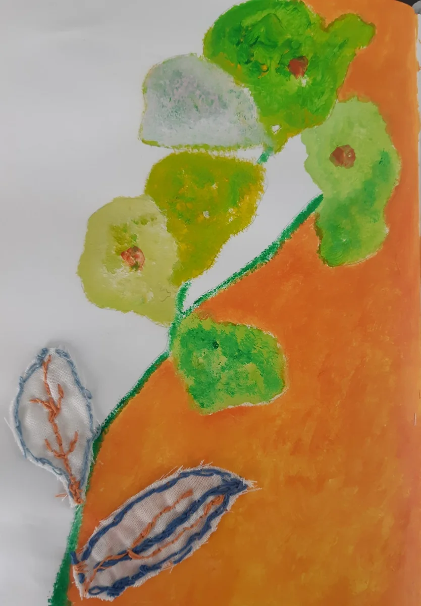 Nature & landscapes, EM-047 — Acrylic and embroidered cotton on paper