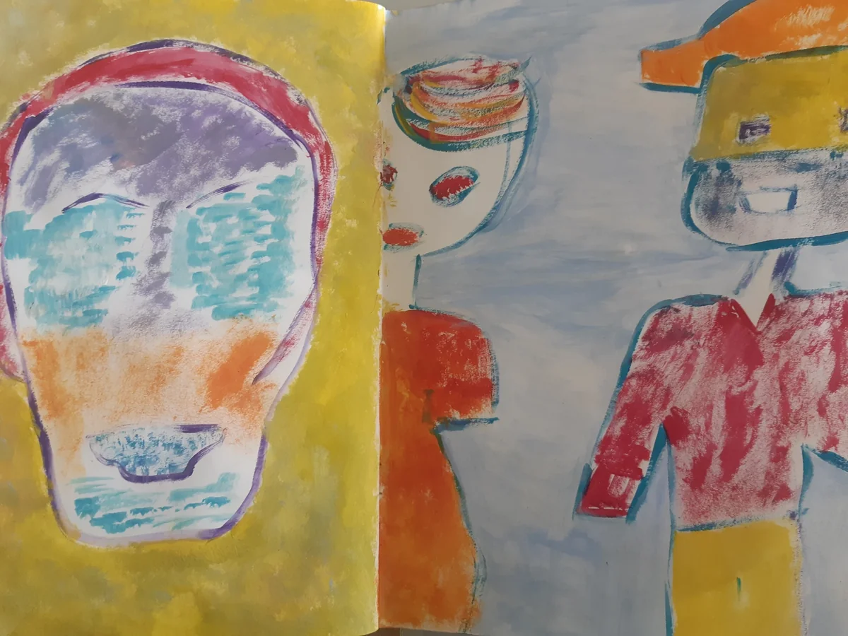 Human figures, EM-076 — Pencil and acrylic on paper