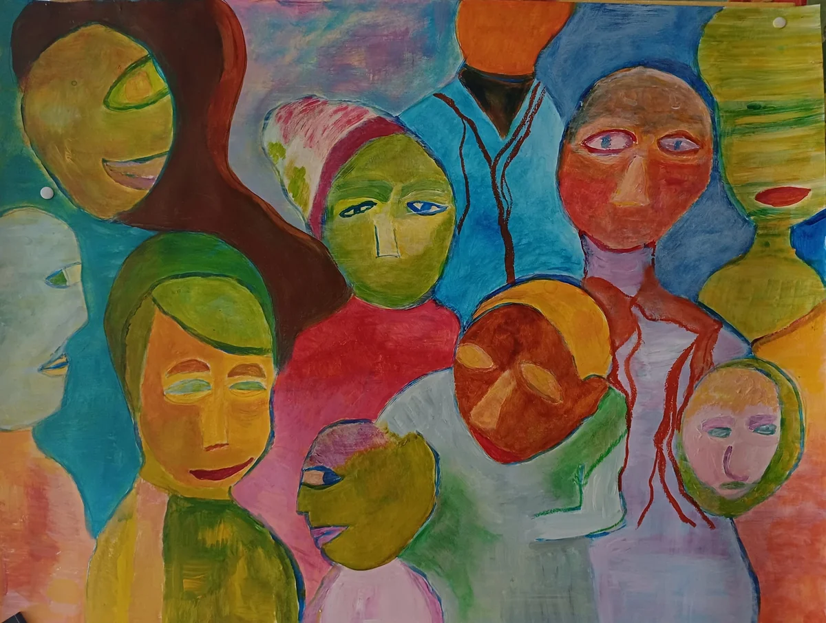 Human figures, EM-086 — Acrylic and oil pastels on cardboard