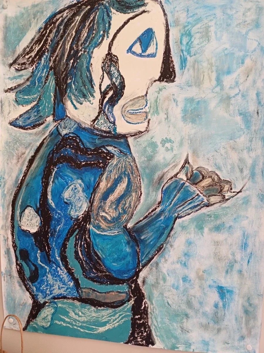 Human figures, EM-102 — Acrylic and oil pastels on cardboard