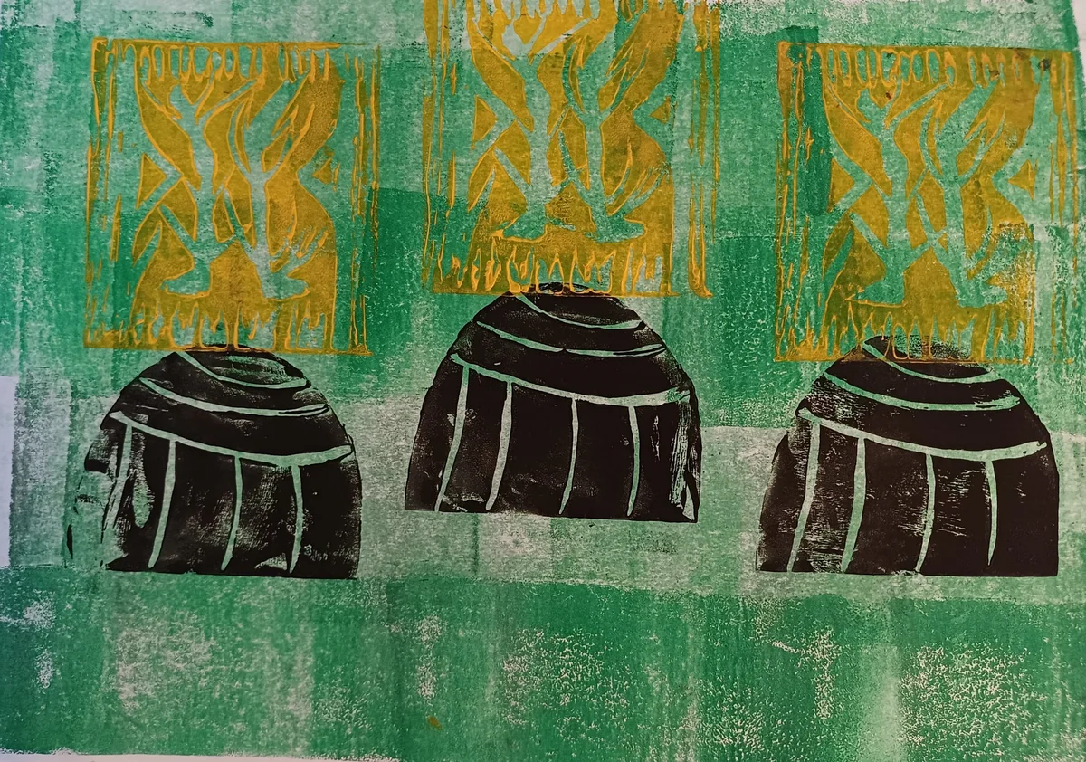 Prints, EM-132 — Linocut print with ink on paper